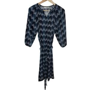 Tucker Womens Silk Shirt Dress Medium Blue Chevron Belted Tie Waist 3/4 Sleeve